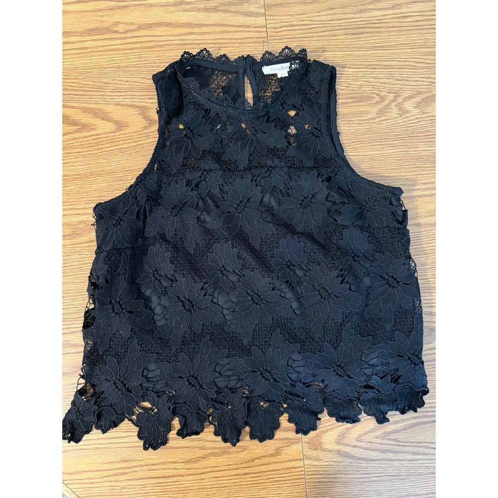 Black Floral Lace Sleeveless Top Scalloped Hem Size M
